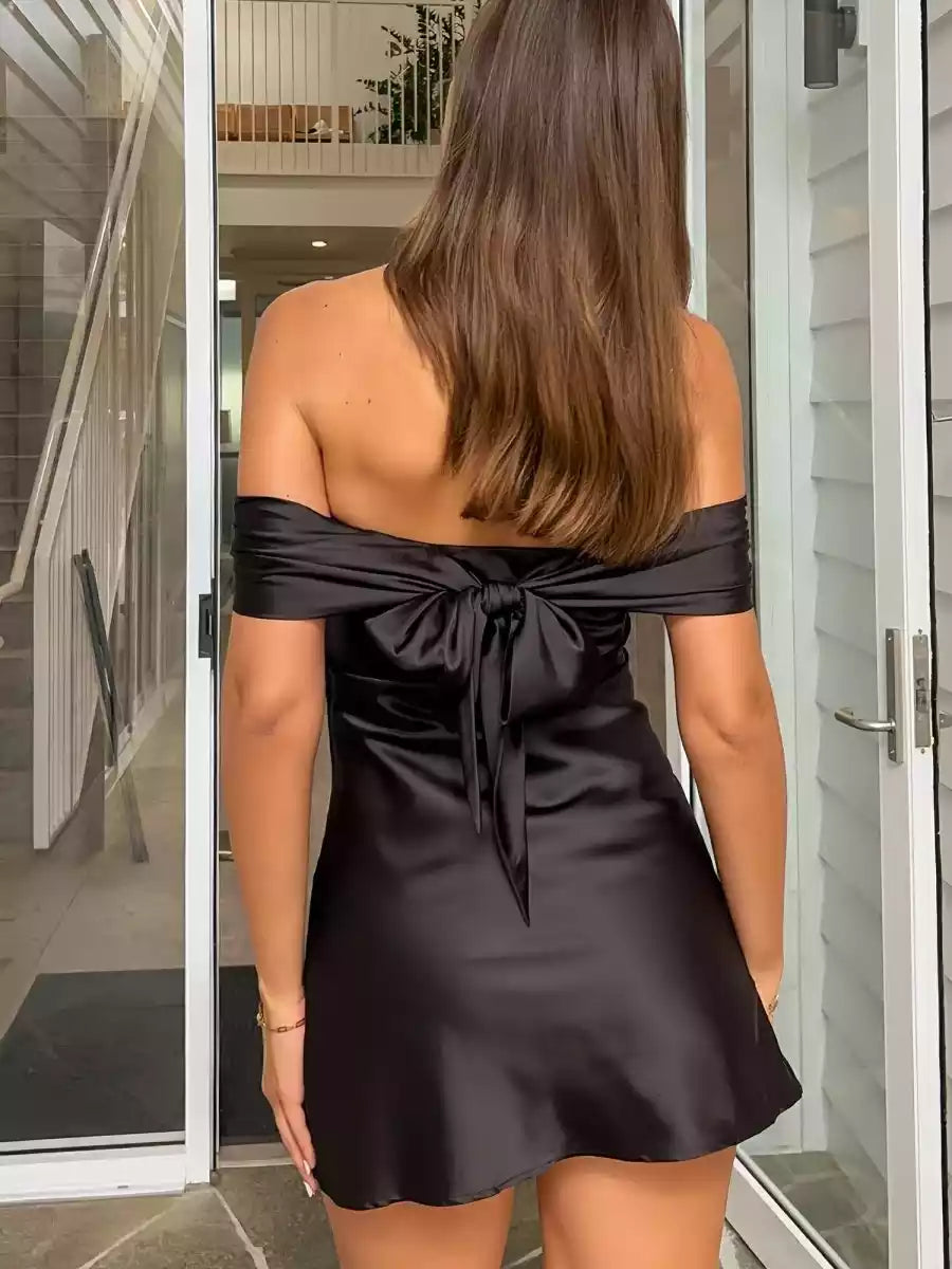 Elegant off shoulder collar A-line satin slim fit cut sleeveless zipper back Homecoming Dresses